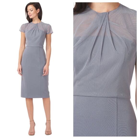 JS Collections Slate Blue Short Sleeve Illusion Cocktail Dress 16 NWT - Picture 1 of 12